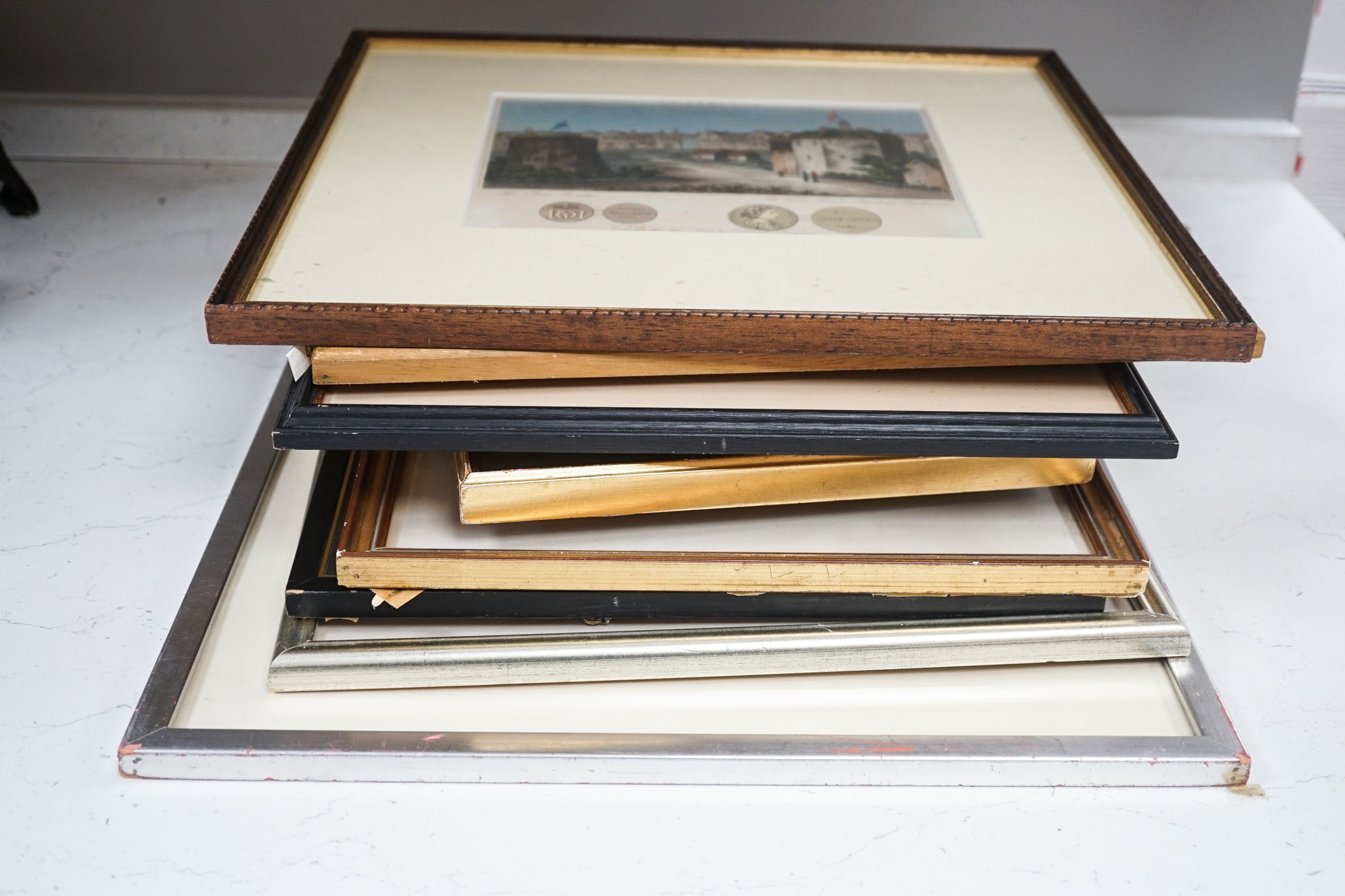 A group of assorted paintings and prints including a watercolour of Kenwood House and assorted engraved views of London